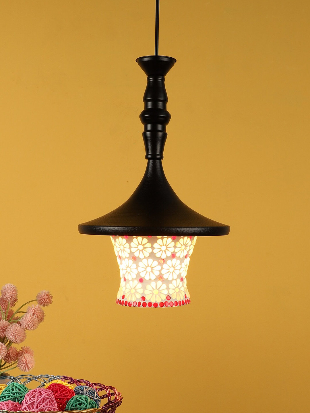 

MFD HOME FURNISHING Black & White Textured Aluminium Traditional Hanging Lamp