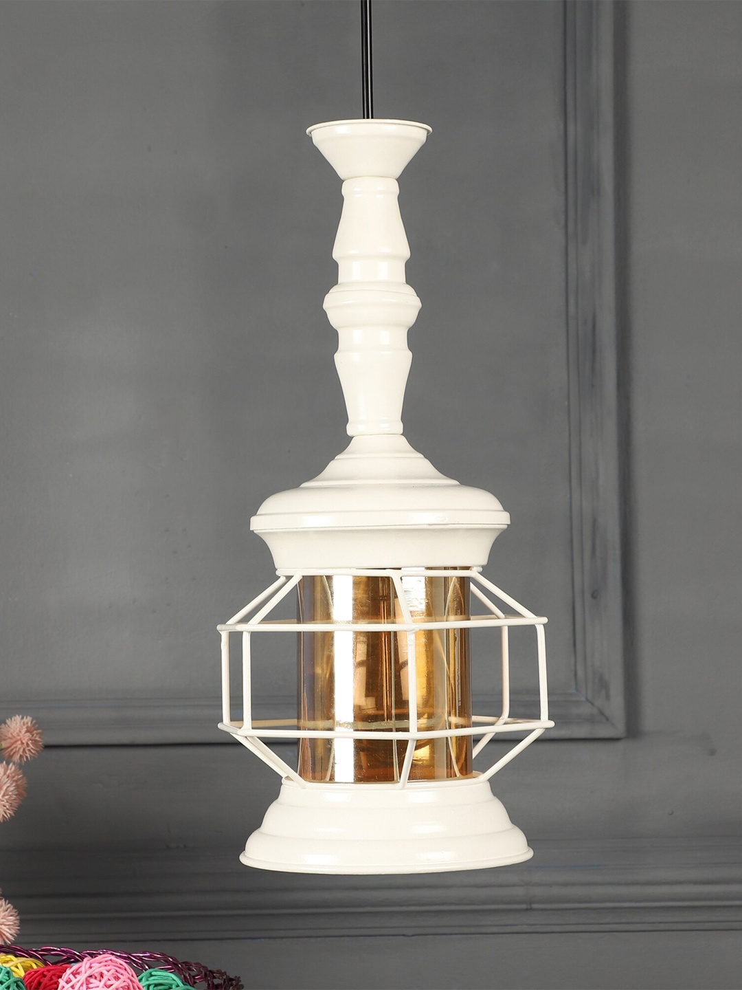 

MFD HOME FURNISHING White & Brown Iron Quirky Hanging Lantern