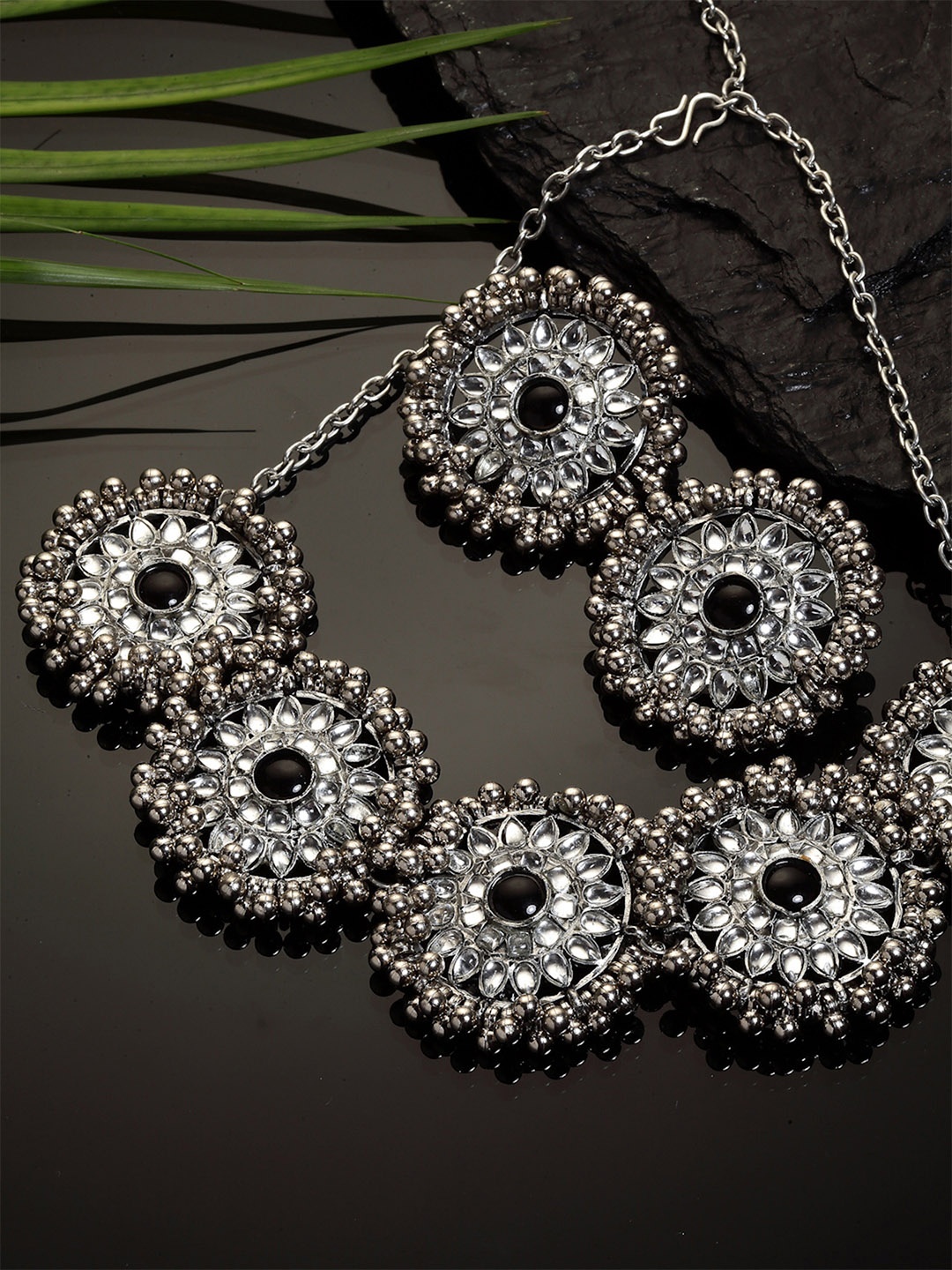

KARATCART Oxidised Silver-Toned & White Kundan-Studded Afghani Tribal Handcrafted Jewellery Set