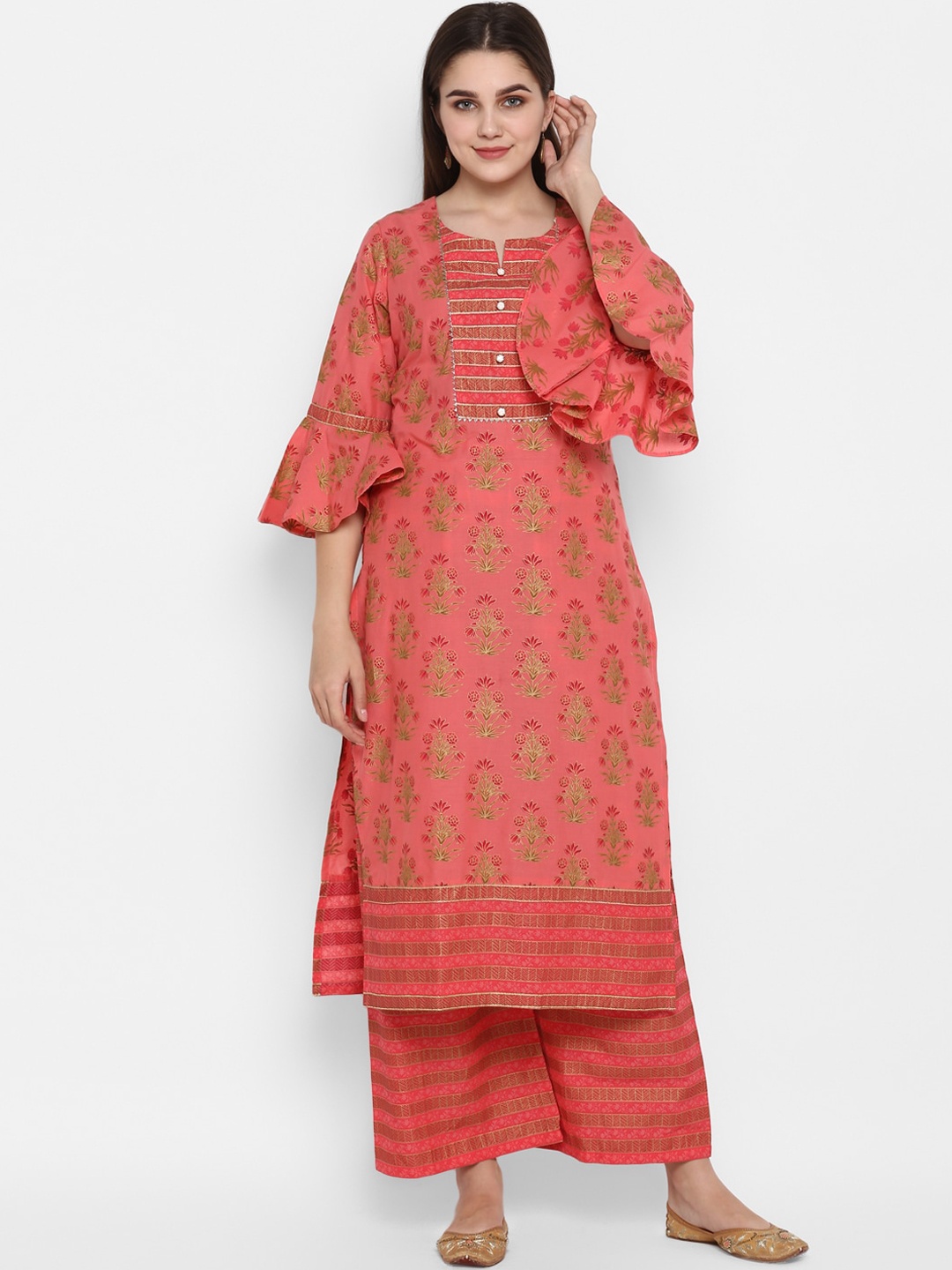 

ZOEYAMS Women Coral & desert rose Ethnic Motifs Printed Flared Sleeves Gotta Patti Kurta