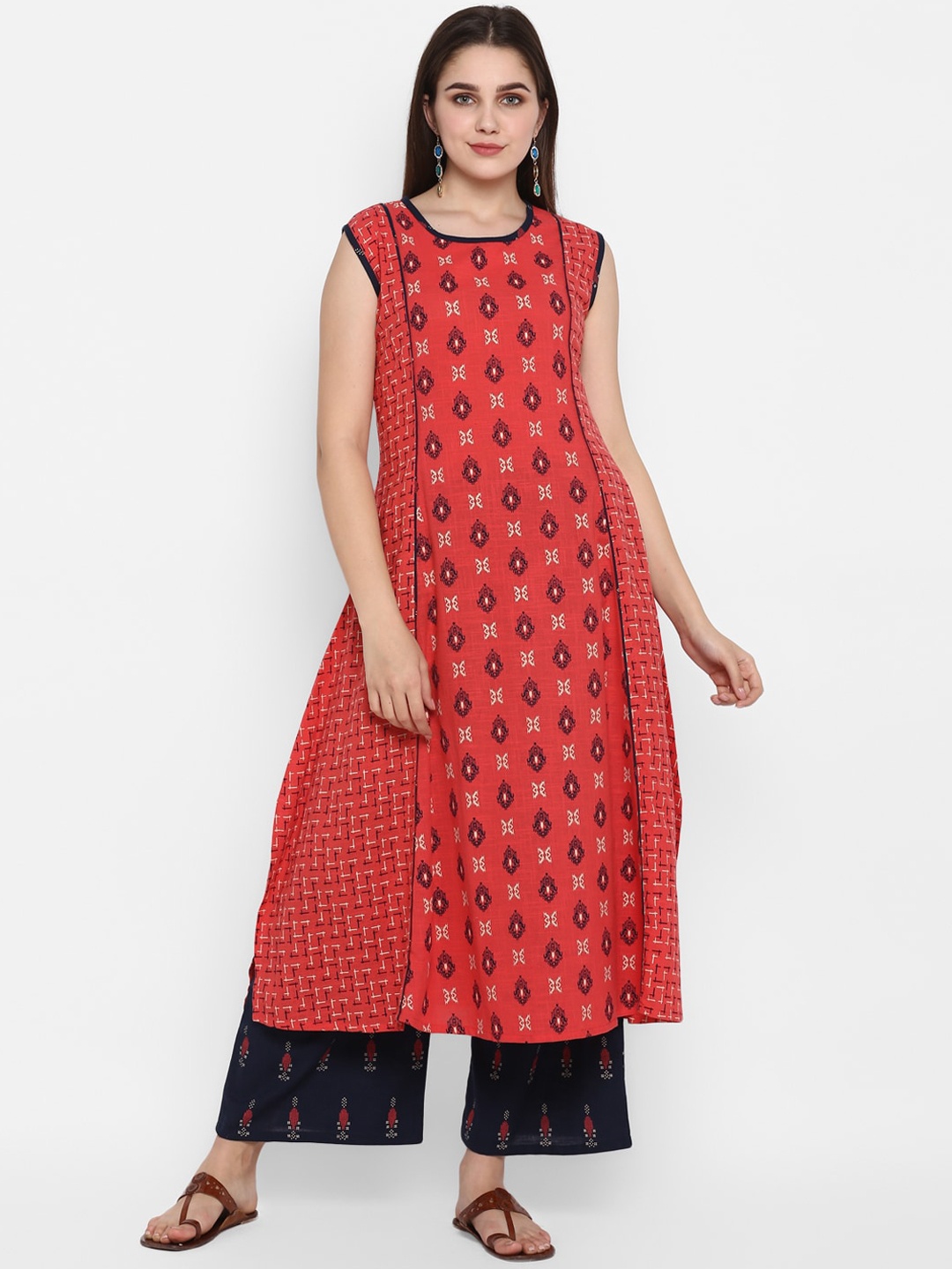 

ZOEYAMS Women Coral Geometric Printed Keyhole Neck Thread Work Kurta