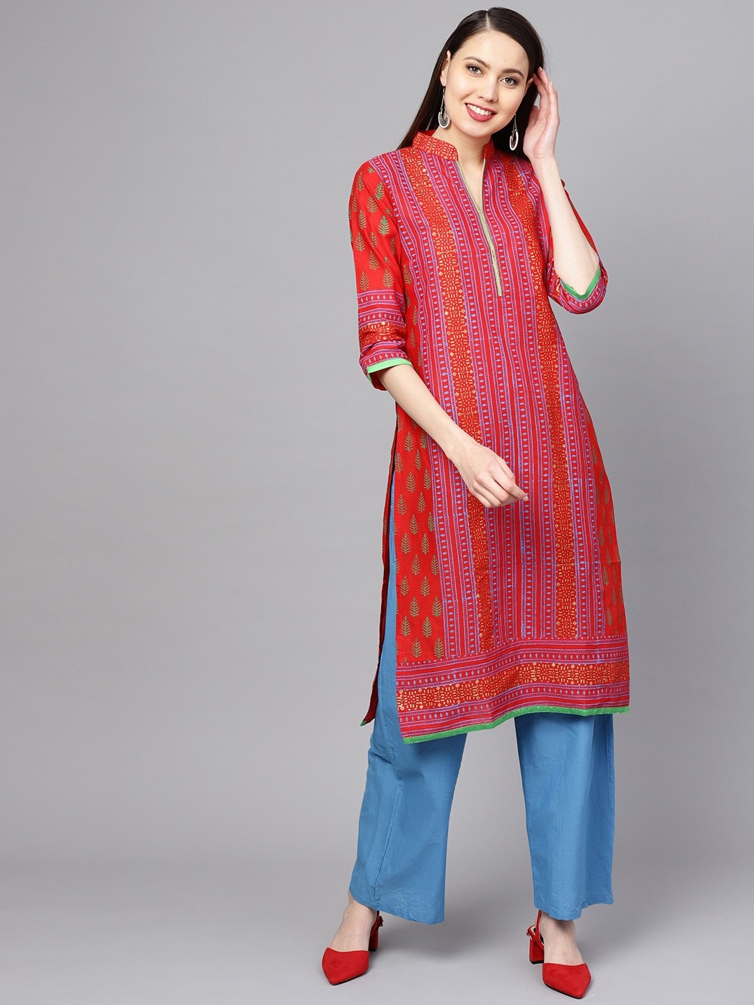 

ZOEYAMS Women Red Ethnic Motifs Striped Kurta
