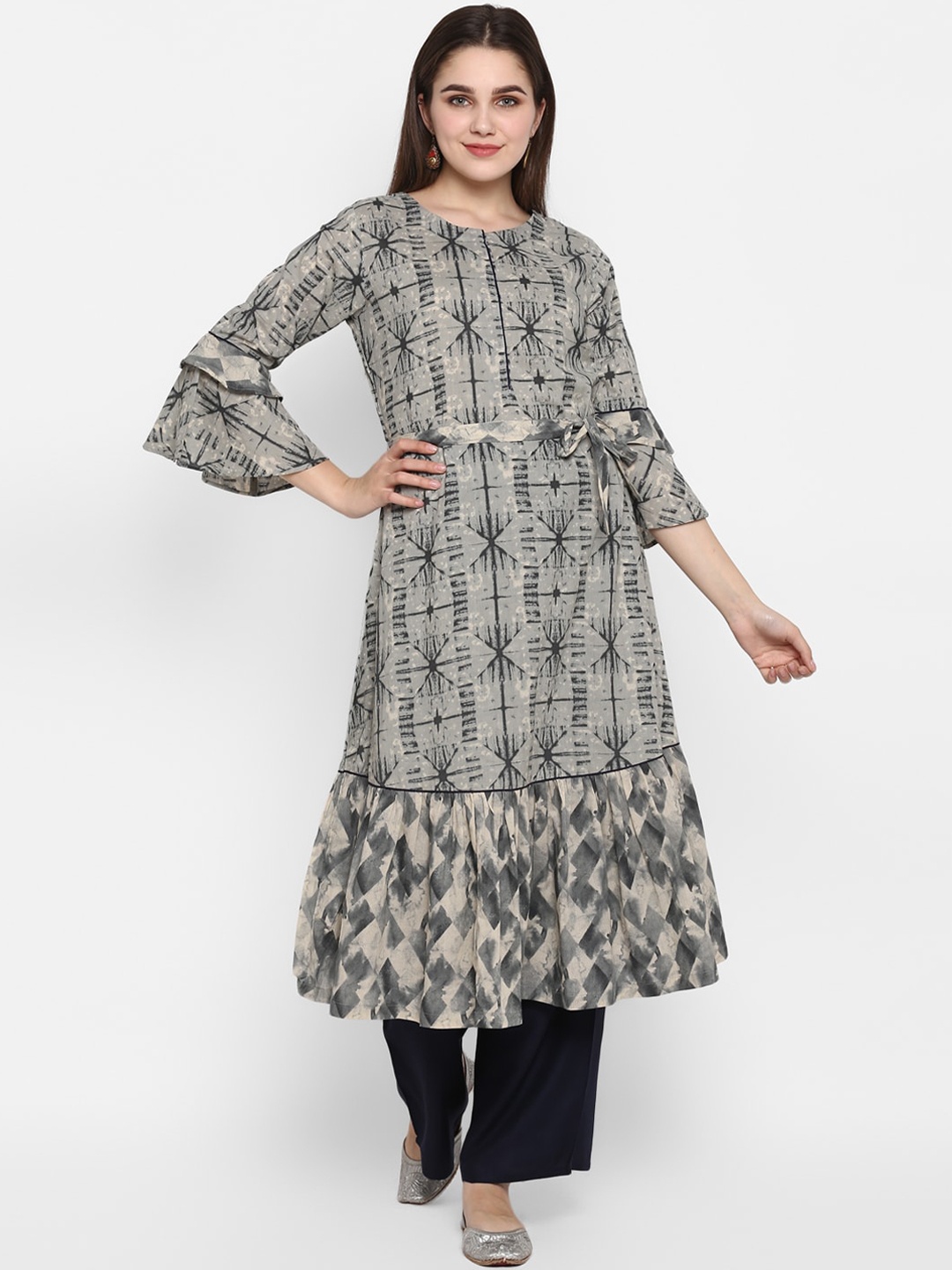 

ZOEYAMS Women Grey Ethnic Motifs Printed Flared Sleeves Gotta Patti Anarkali Kurta