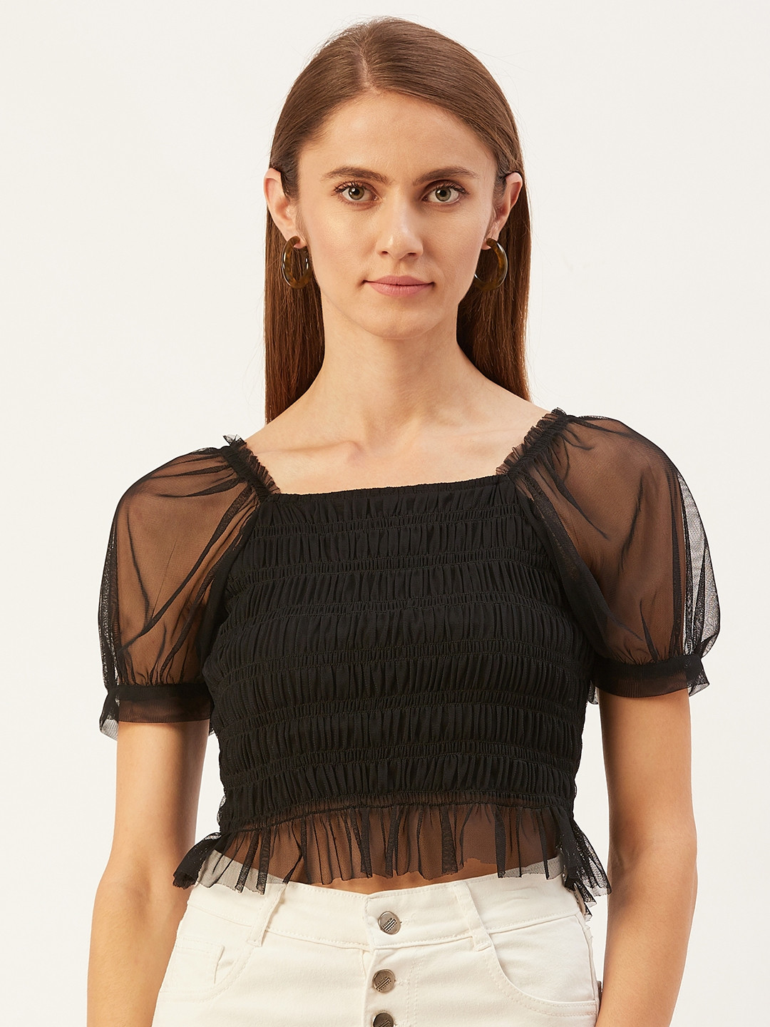 

Rue Collection Black Smocked Net Fitted Crop Top