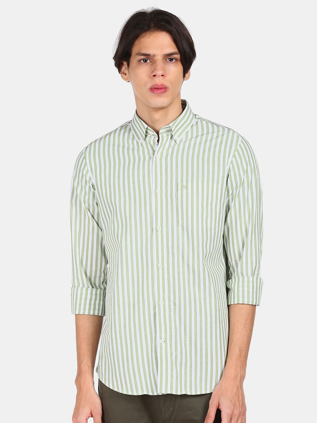 

Arrow Sport Men Green & White Opaque Striped Pure Cotton Casual Shirt