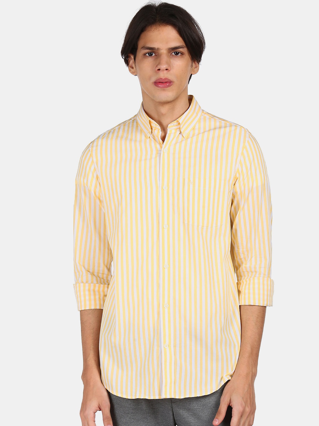 

Arrow Sport Men Yellow & White Opaque Striped Pure Cotton Casual Shirt
