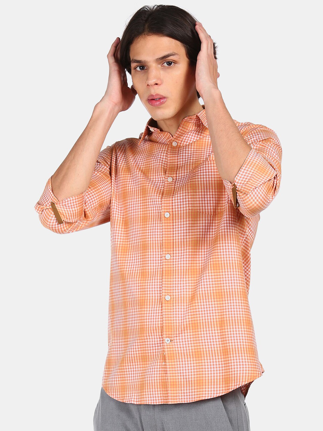 

Arrow Sport Men Orange Gingham Checks Opaque Checked Casual Shirt