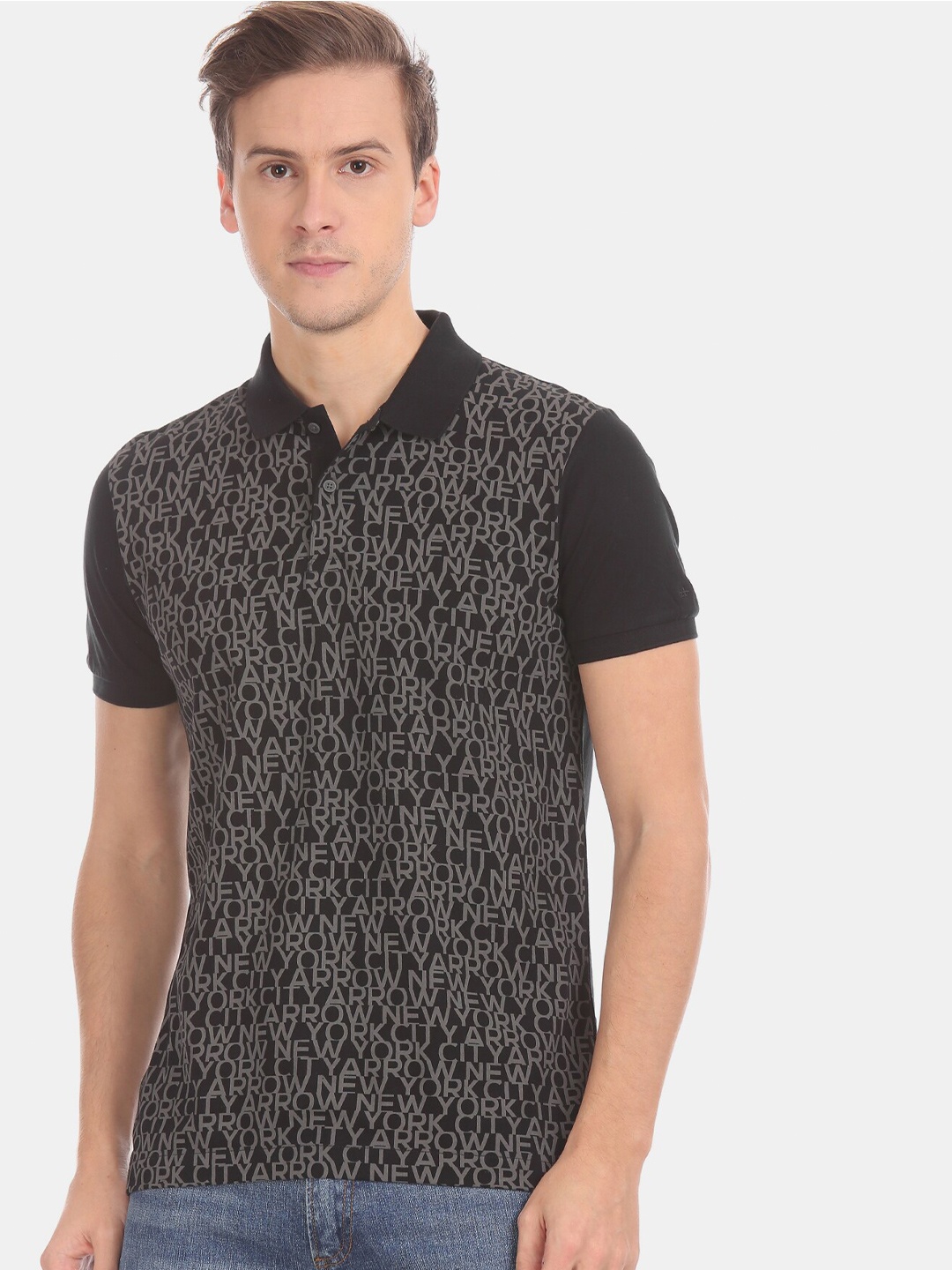 

Arrow New York Men Black & Grey Brand Logo Printed Polo Collar T-shirt