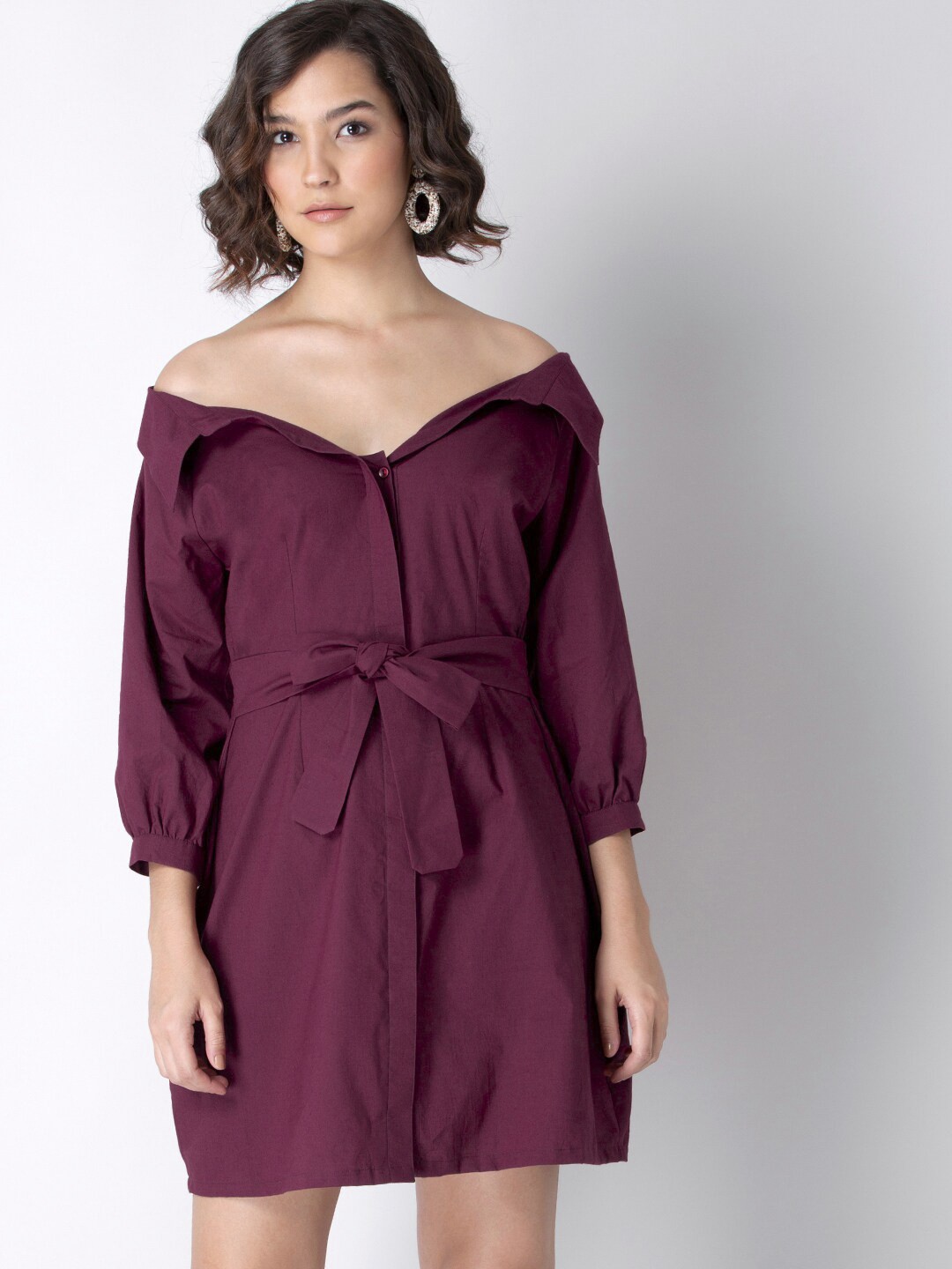 

FabAlley Women Burgundy Off-Shoulder Shirt Mini Cotton Dress