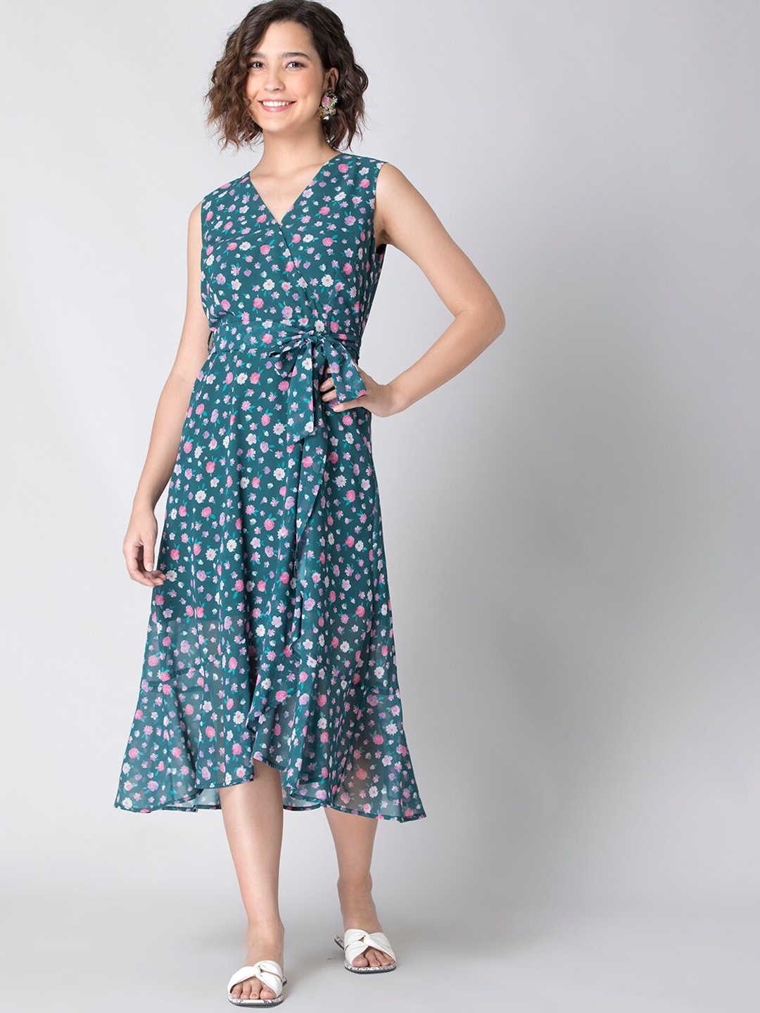 

FabAlley Women Green & Pink Floral Midi Wrap Dress