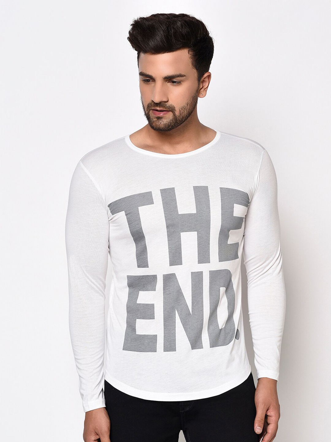 

Rigo Men White Typography Printed Raw Edge Slim Fit T-shirt
