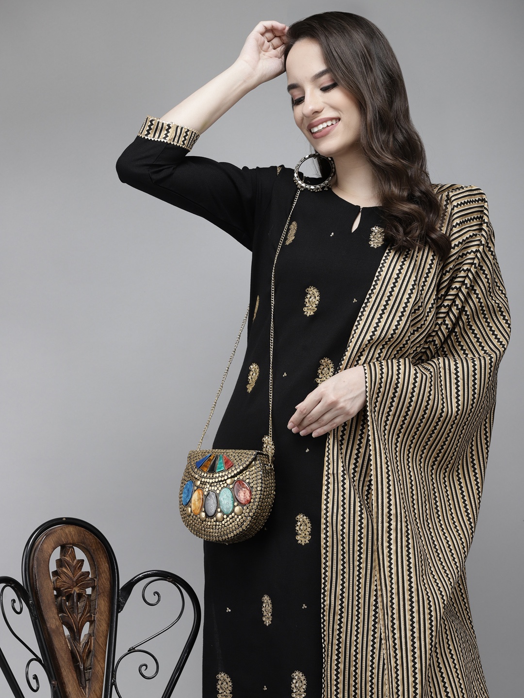 

Indo Era Women Black Ethnic Motifs Embroidered Regular Sequinned Pure Cotton Kurta with Palazzos & With