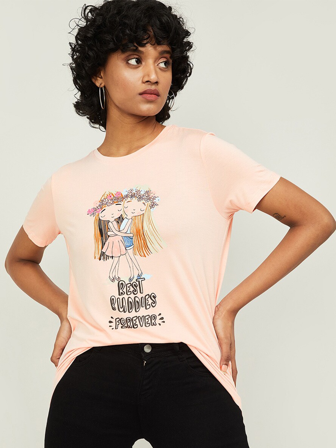 

Ginger by Lifestyle Women Peach-Coloured Printed T-shirt