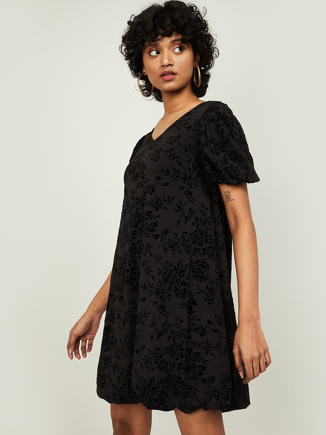 

Ginger by Lifestyle Women Black Floral Self-Design A-Line Dress