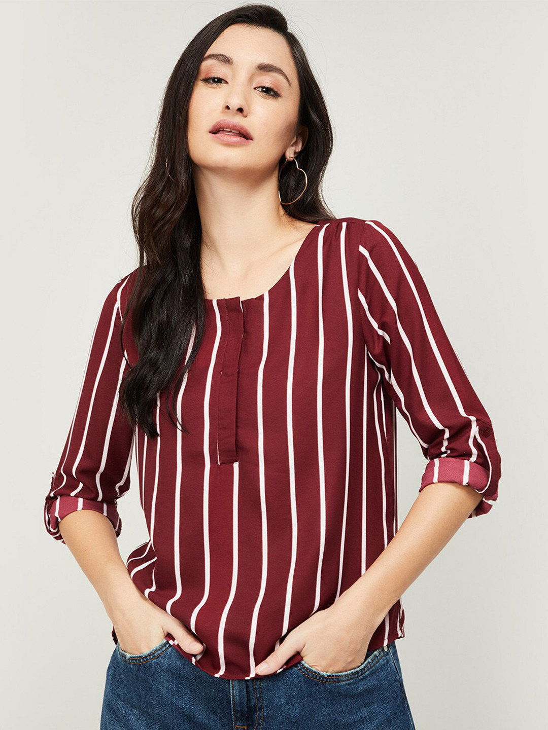 

Bossini Brown & White Striped Roll-Up Sleeves Regular Top