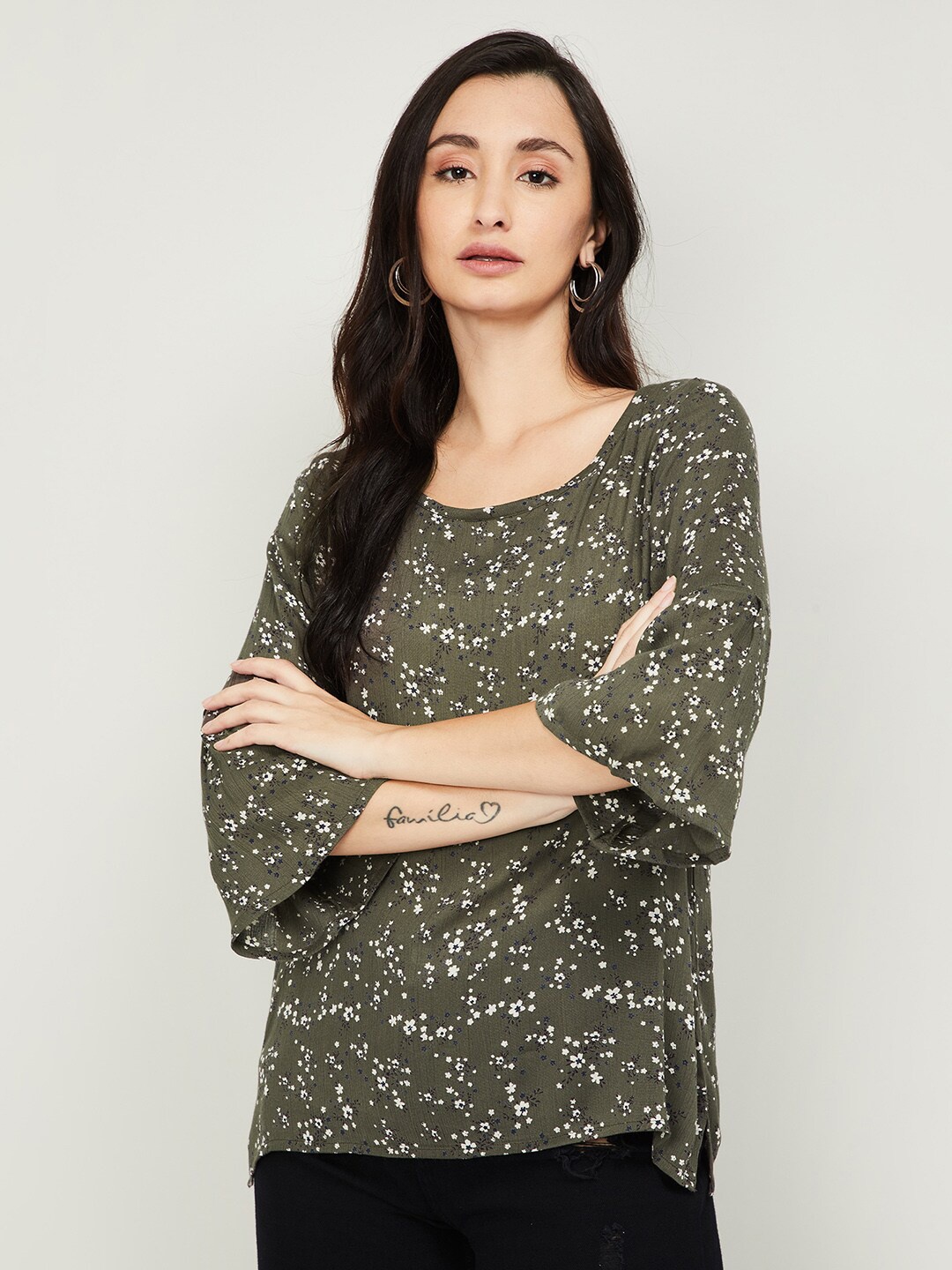 

Fame Forever by Lifestyle Olive Green Floral Printed Regular Top