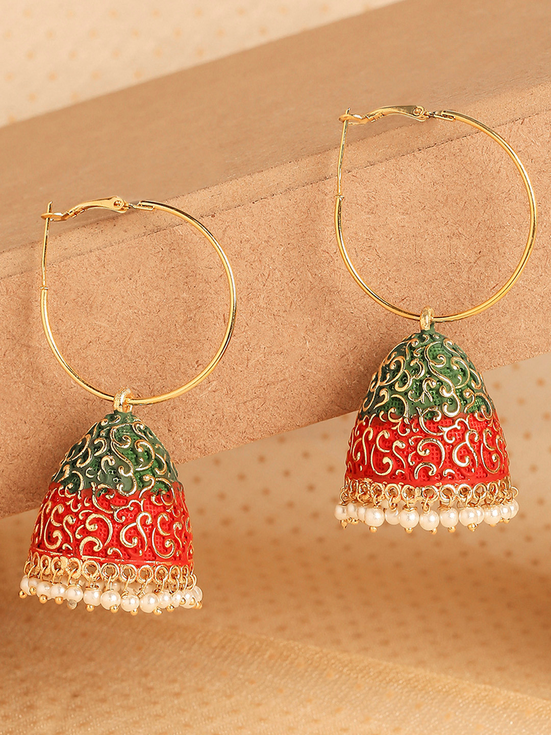 

OOMPH Green & Red Meenakari Enamel Ethnic Large Jhumka Earrings