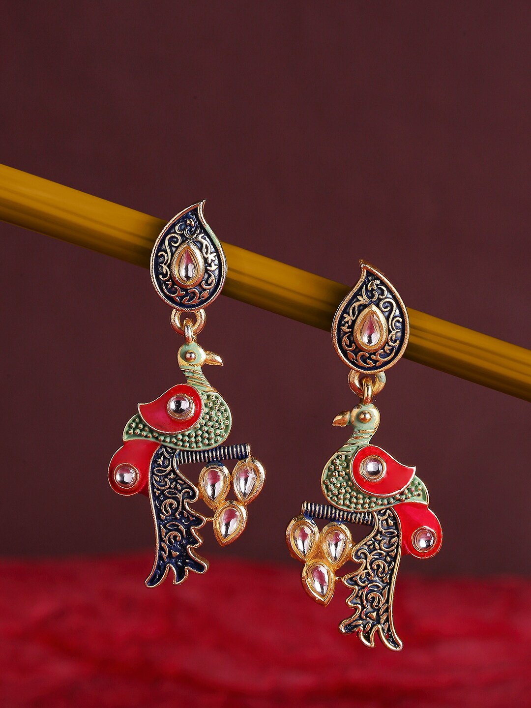 

OOMPH Blue & Green Meenakari Enamel with Kundan in Peacock Design Ethnic Drop Earrings