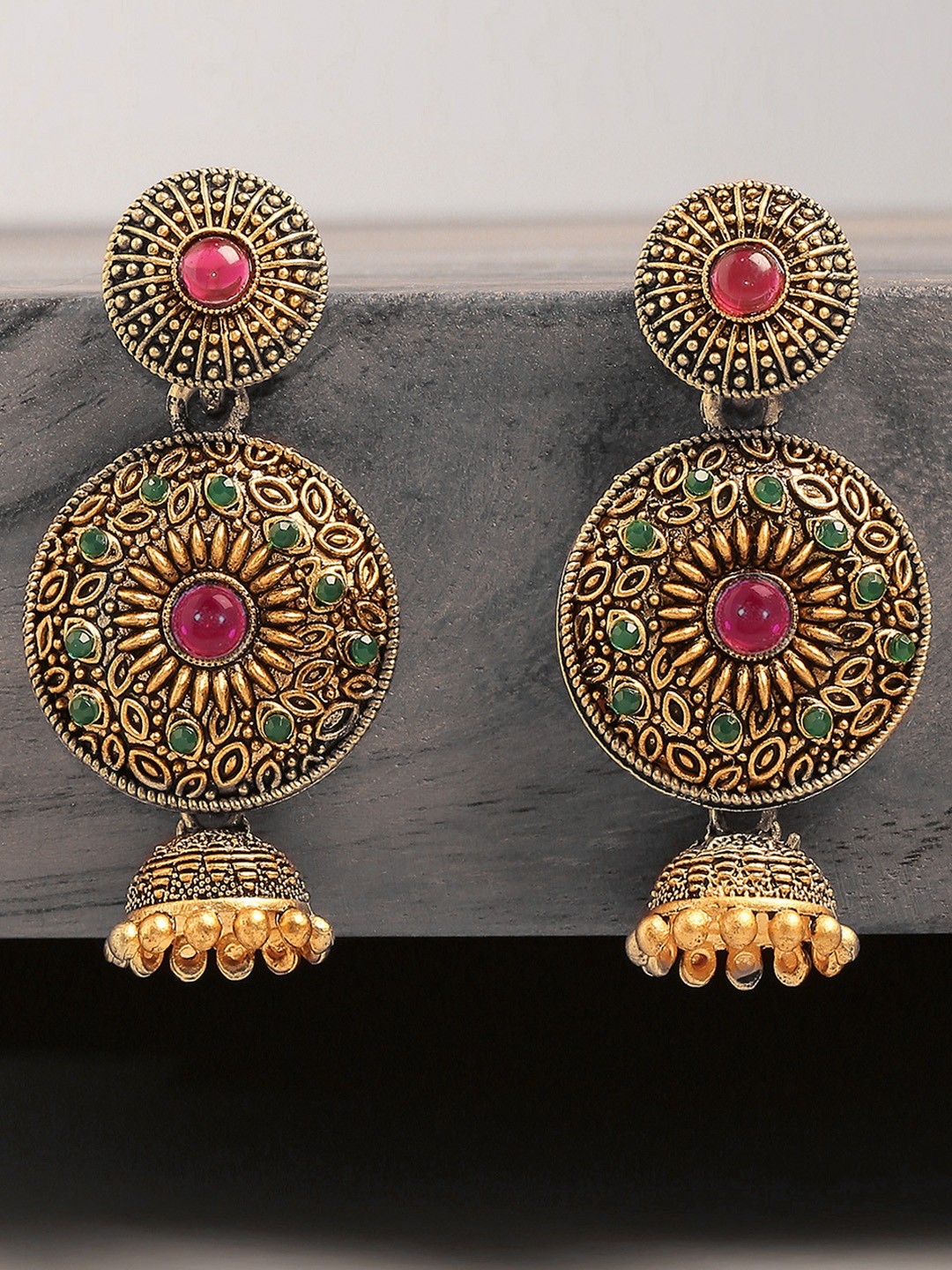 

OOMPH Gold Tone Red & Green Kemp Stone South Indian Jhumka Earrings
