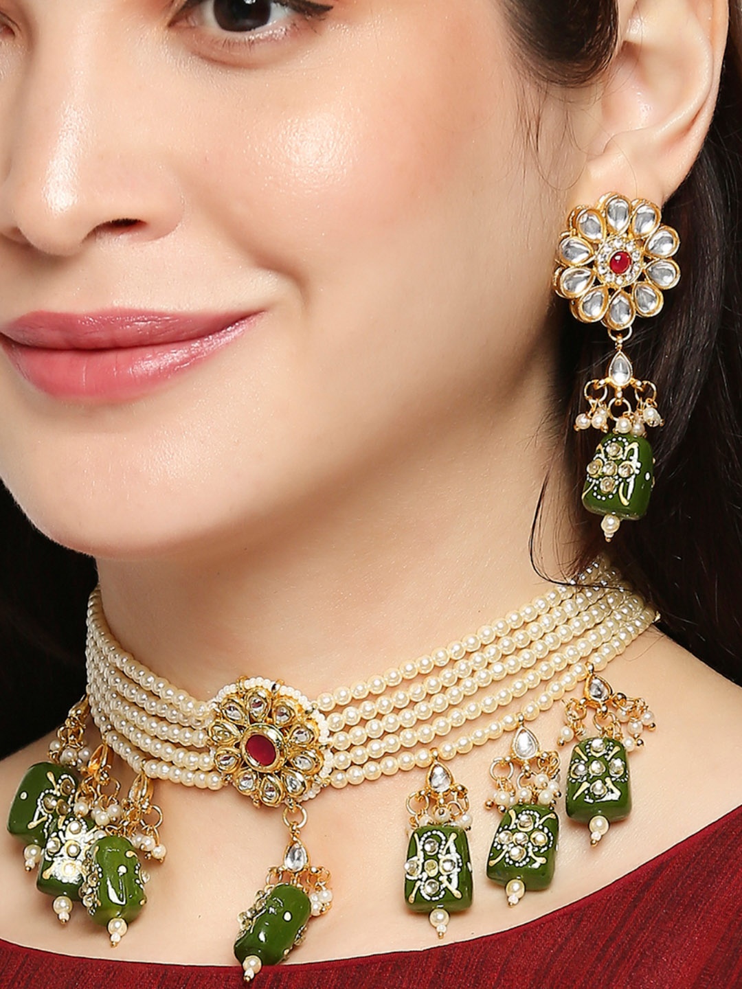 

OOMPH Gold-Plated Green & White Beads Kundan & Pearls Choker Jewellery Set