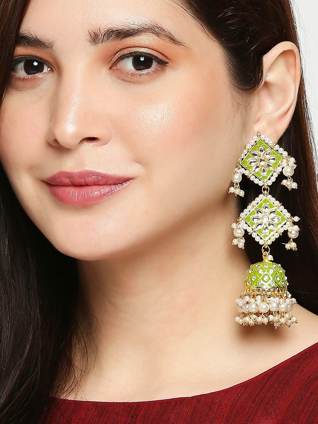 

OOMPH Green & White Meenakari & Kundan Ethnic Long Jhumka Earrings