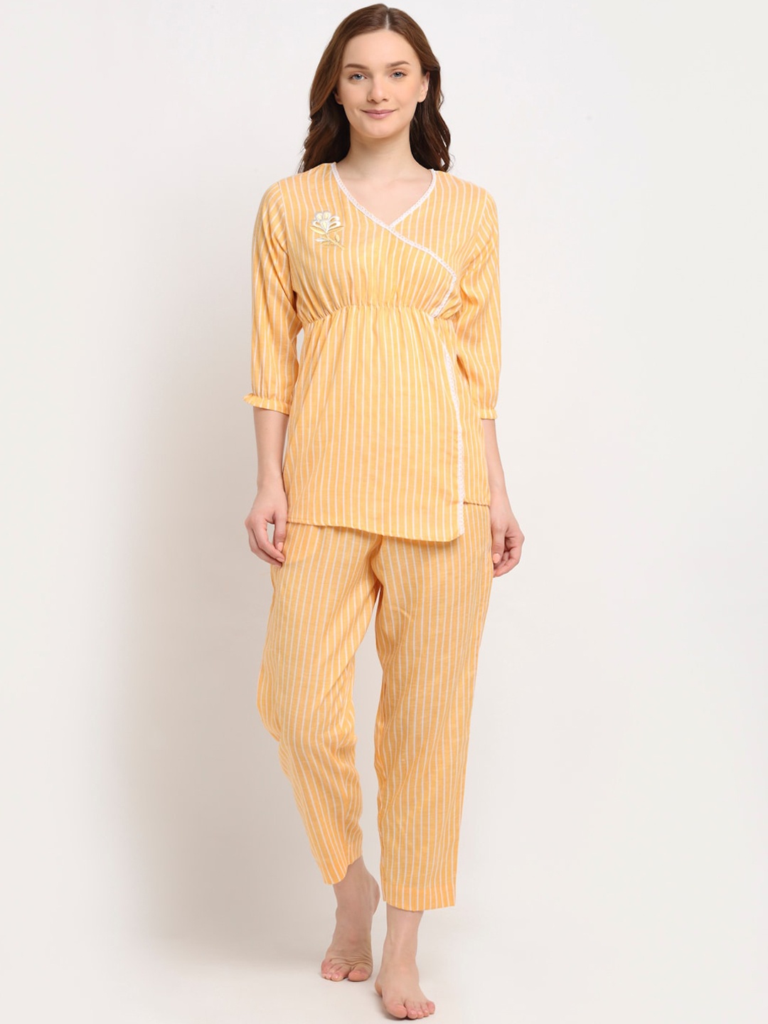 

Aujjessa Women Yellow & White Striped Night suit