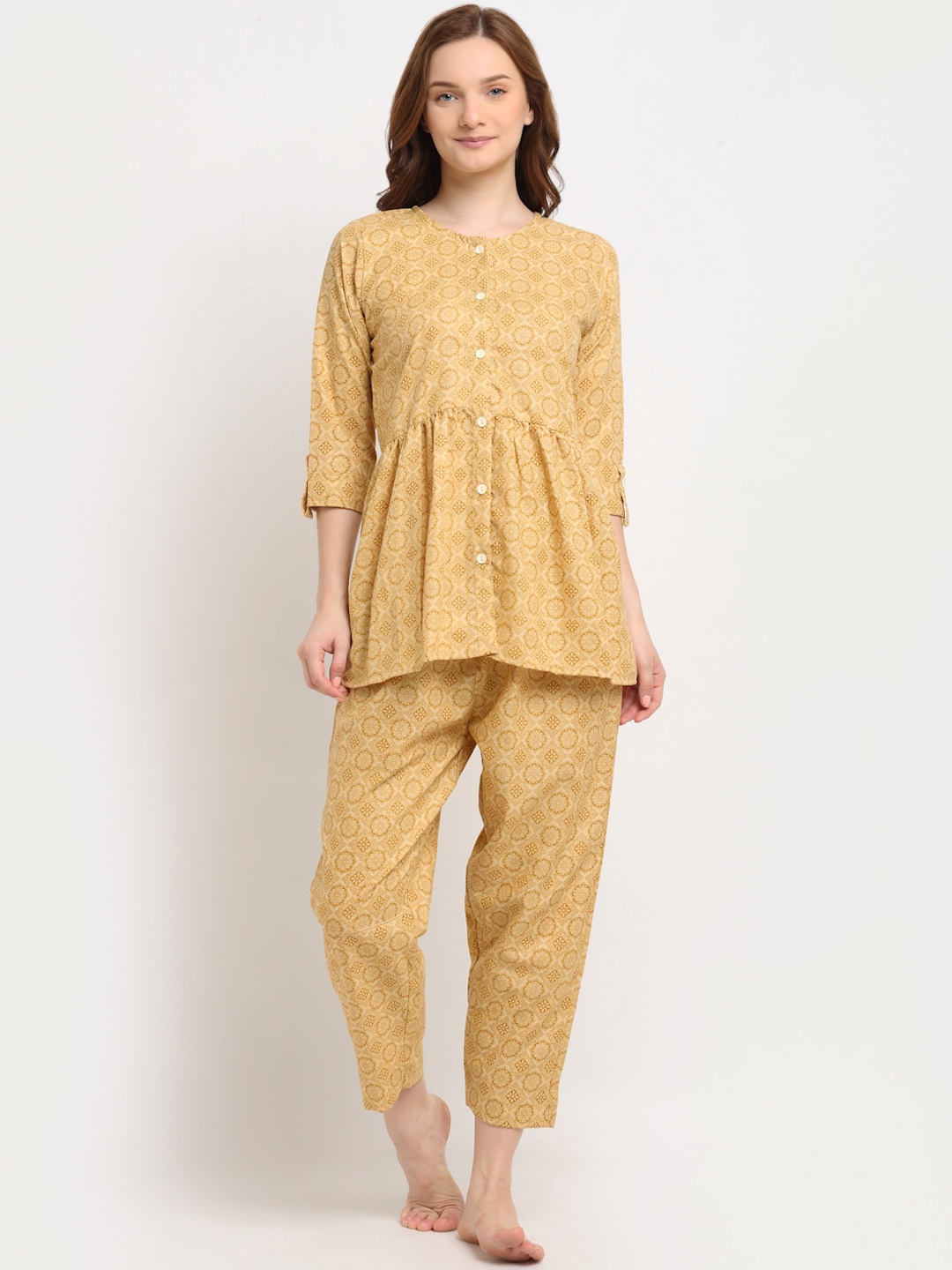 

Aujjessa Women Beige Printed Pure Cotton Night suit