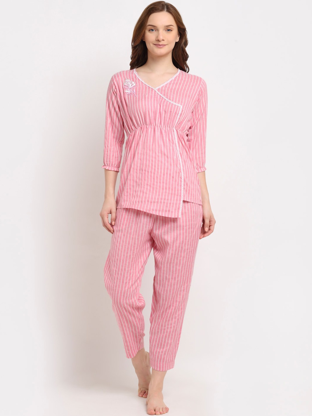 

Aujjessa Women Pink & White Striped Night suit