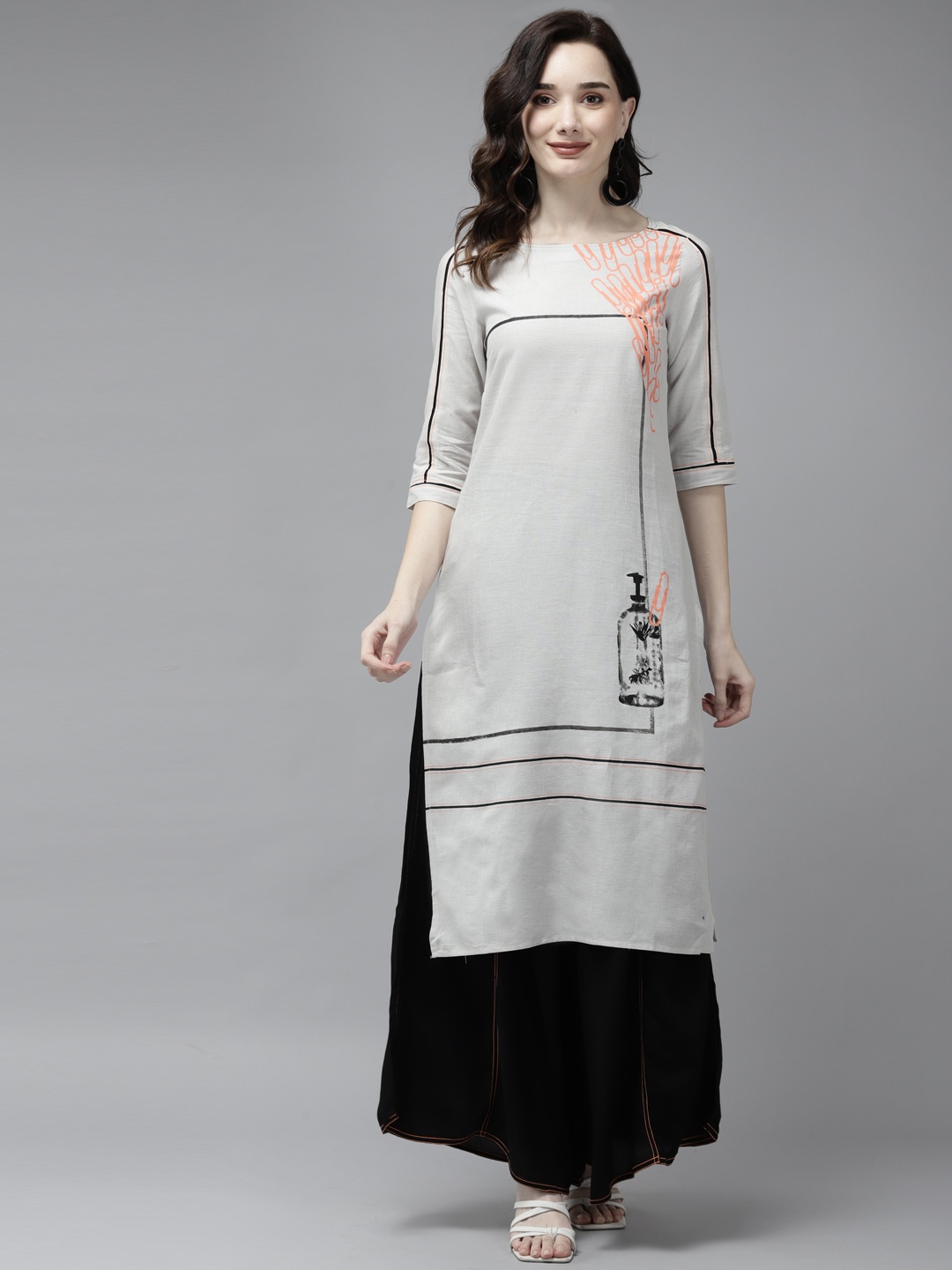 

W Women Grey Melange & Black Quirky Printed Kurta with Palazzos
