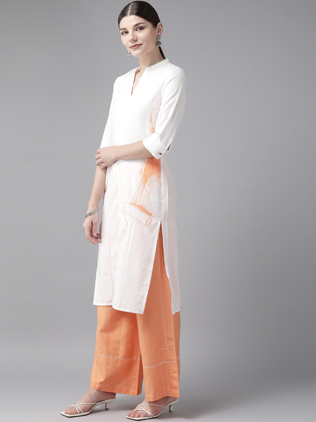 

W Women White & Orange Printed Kurta with Palazzos