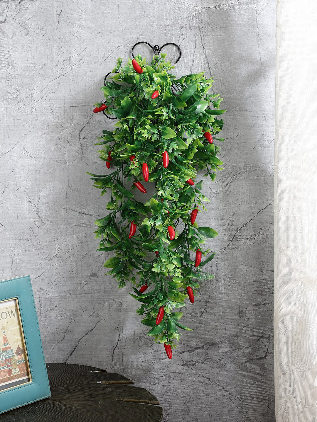 

FOLIYAJ Green & Red Artificial Chilli Vine With Metal Wall Stand