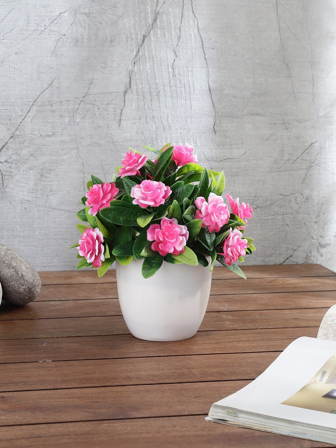 

FOLIYAJ Pink & Green Roses Artificial Plant With Pot