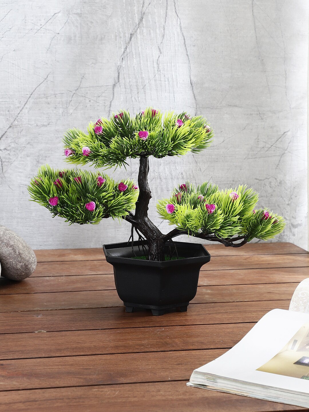 

FOLIYAJ Green & Purple Artificial 3 Head Bonsai Tree With Pot