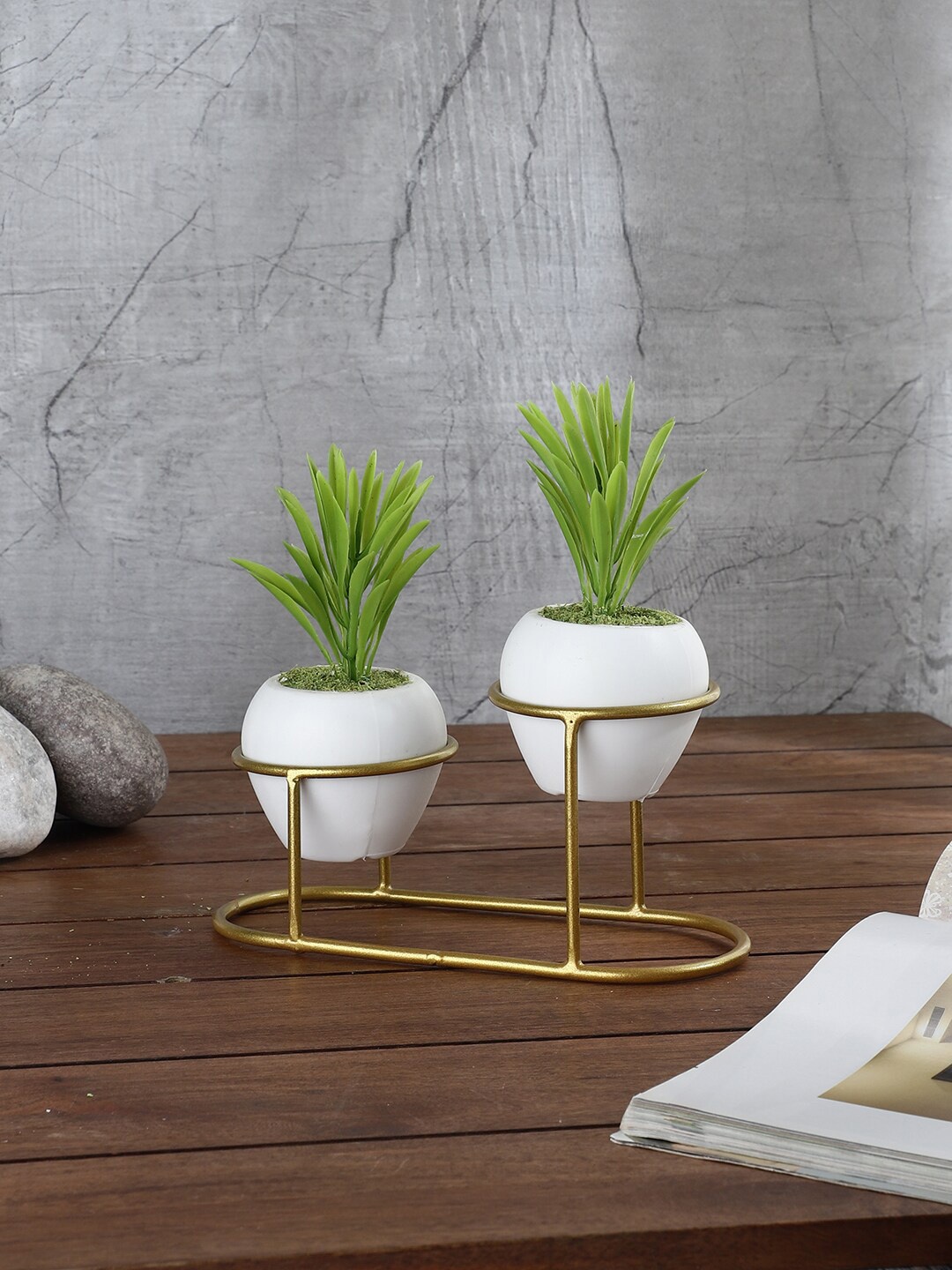

FOLIYAJ Set Of 2 Green Artificial Cactus Plants With White Pot & Holder