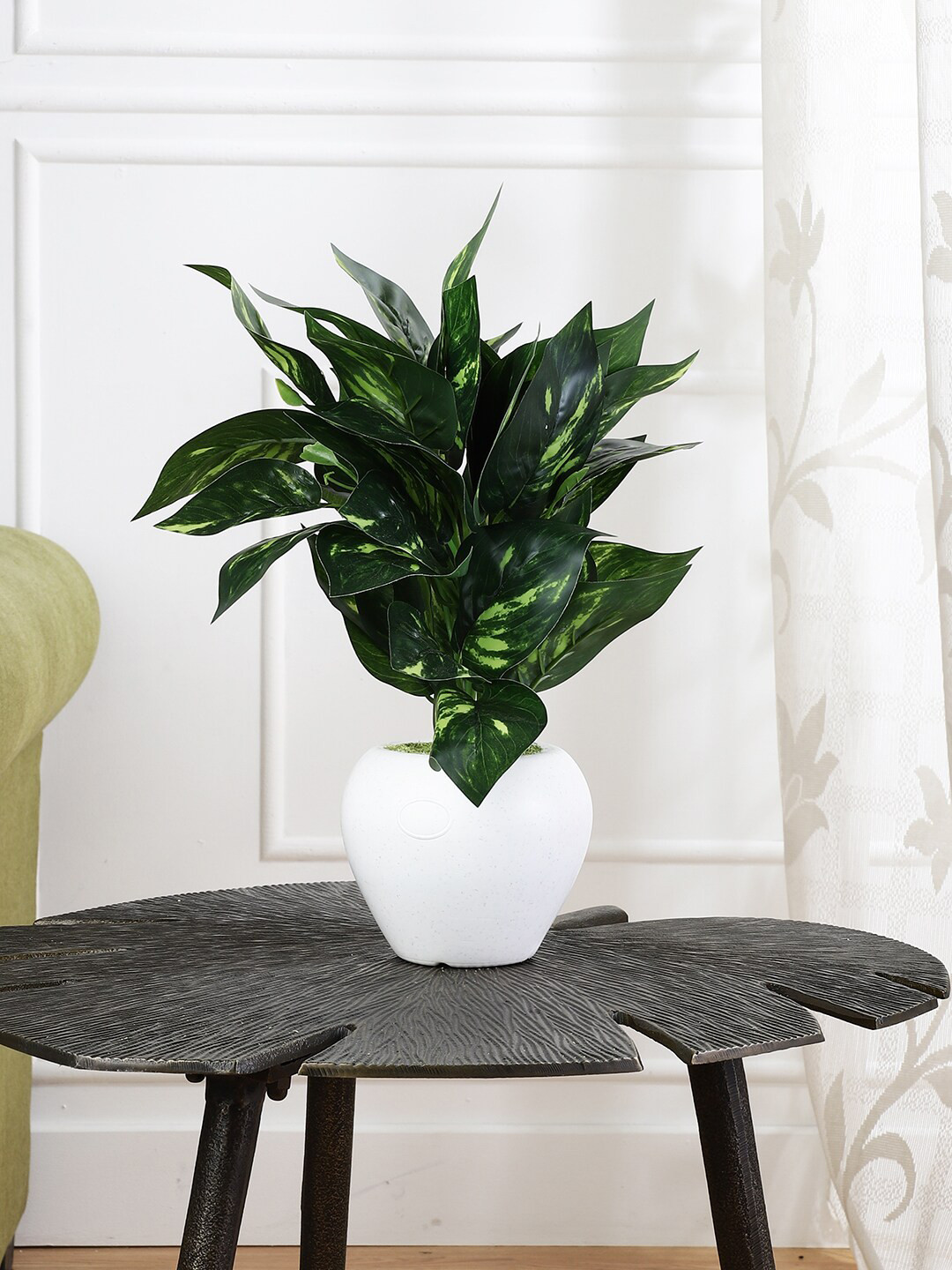 

FOLIYAJ Green Artificial 45 Leaf Money Plant With White Pot