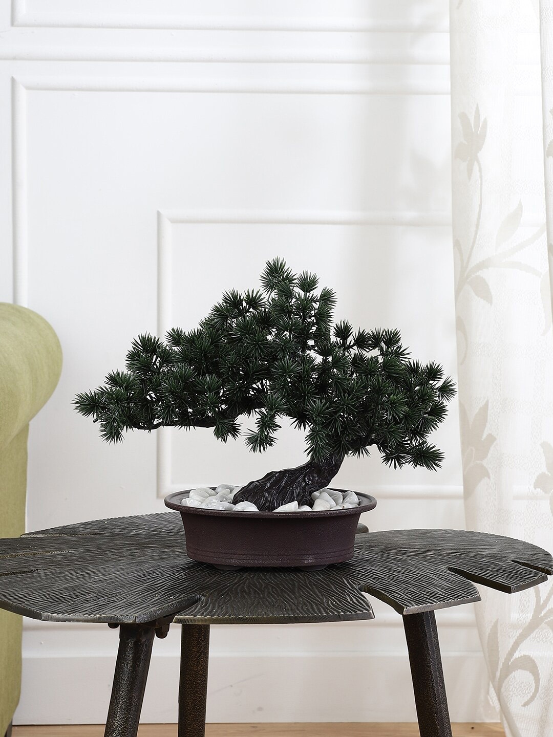 

FOLIYAJ Green & Black Artificial Bent Bonsai Tree With Pine Leaves With Pot