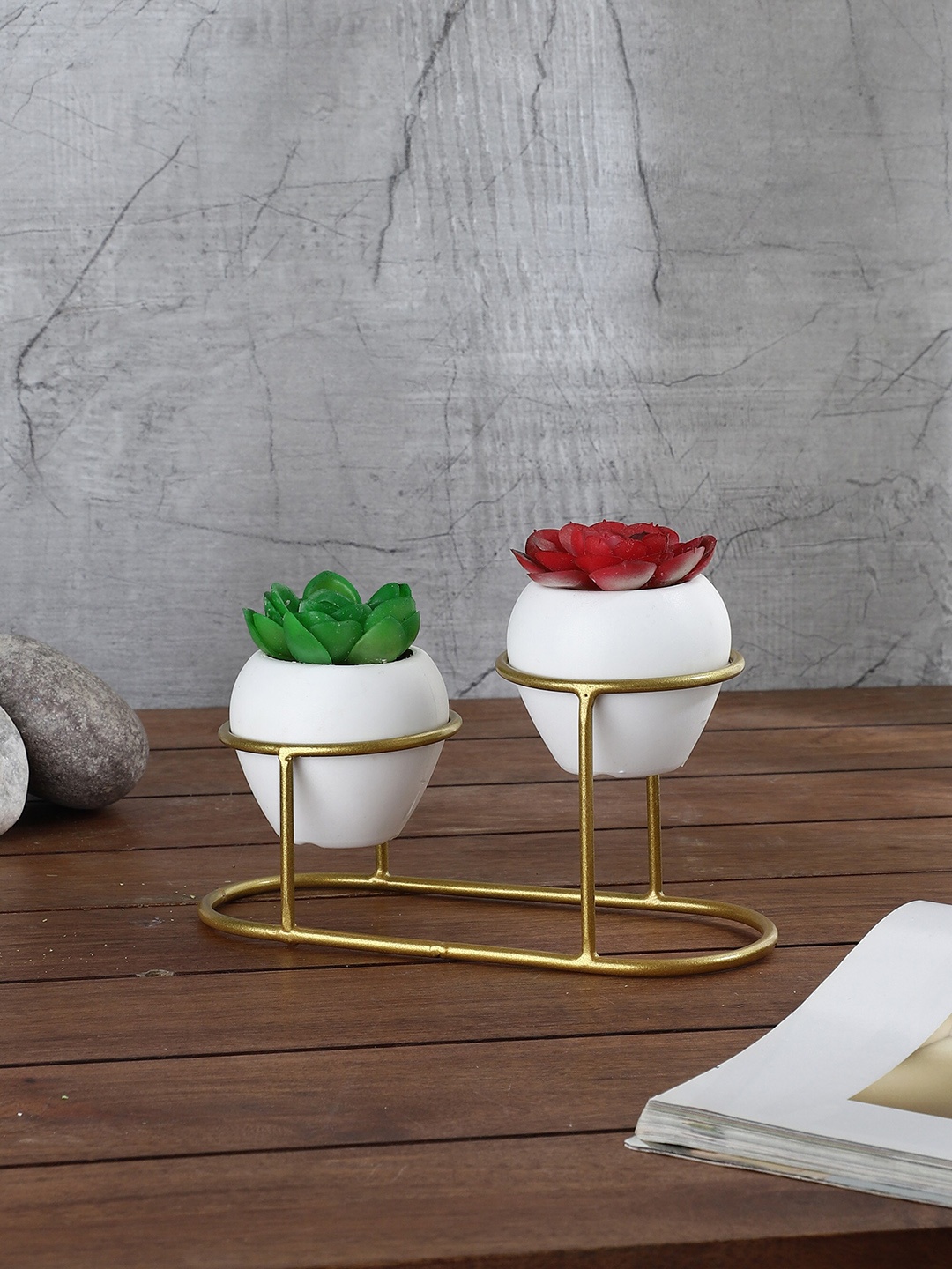 

FOLIYAJ Set Of 2 Artificial Cactus Plants With Pot & Metal Holder, Green