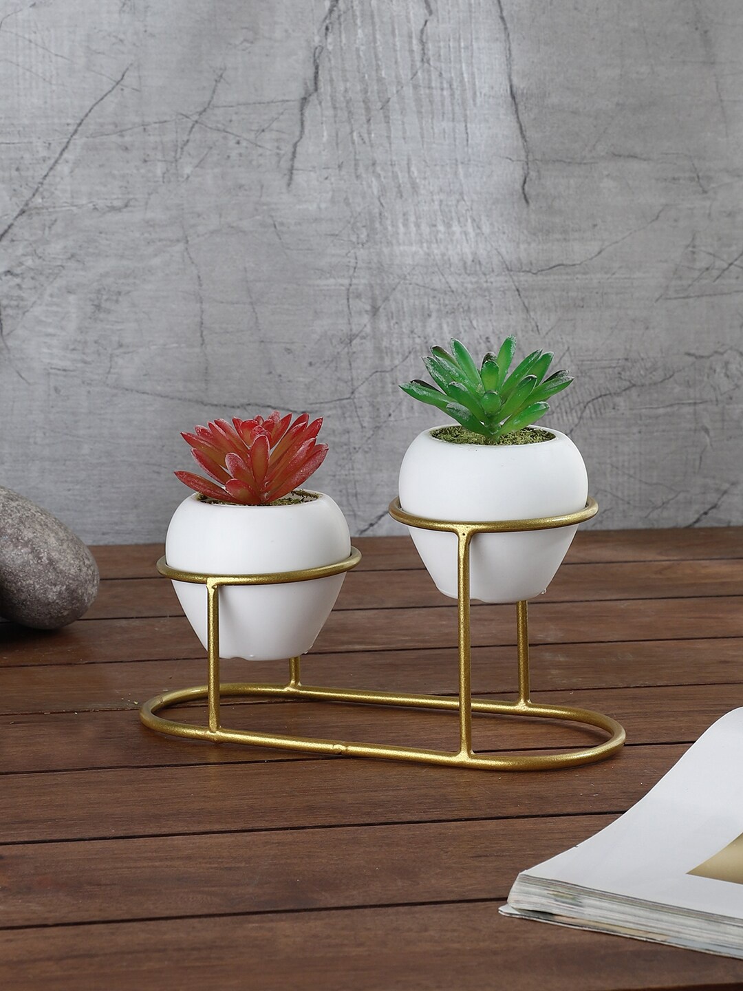 

FOLIYAJ Set Of 2 Artificial Cactus Plants With Metal Holder, Green