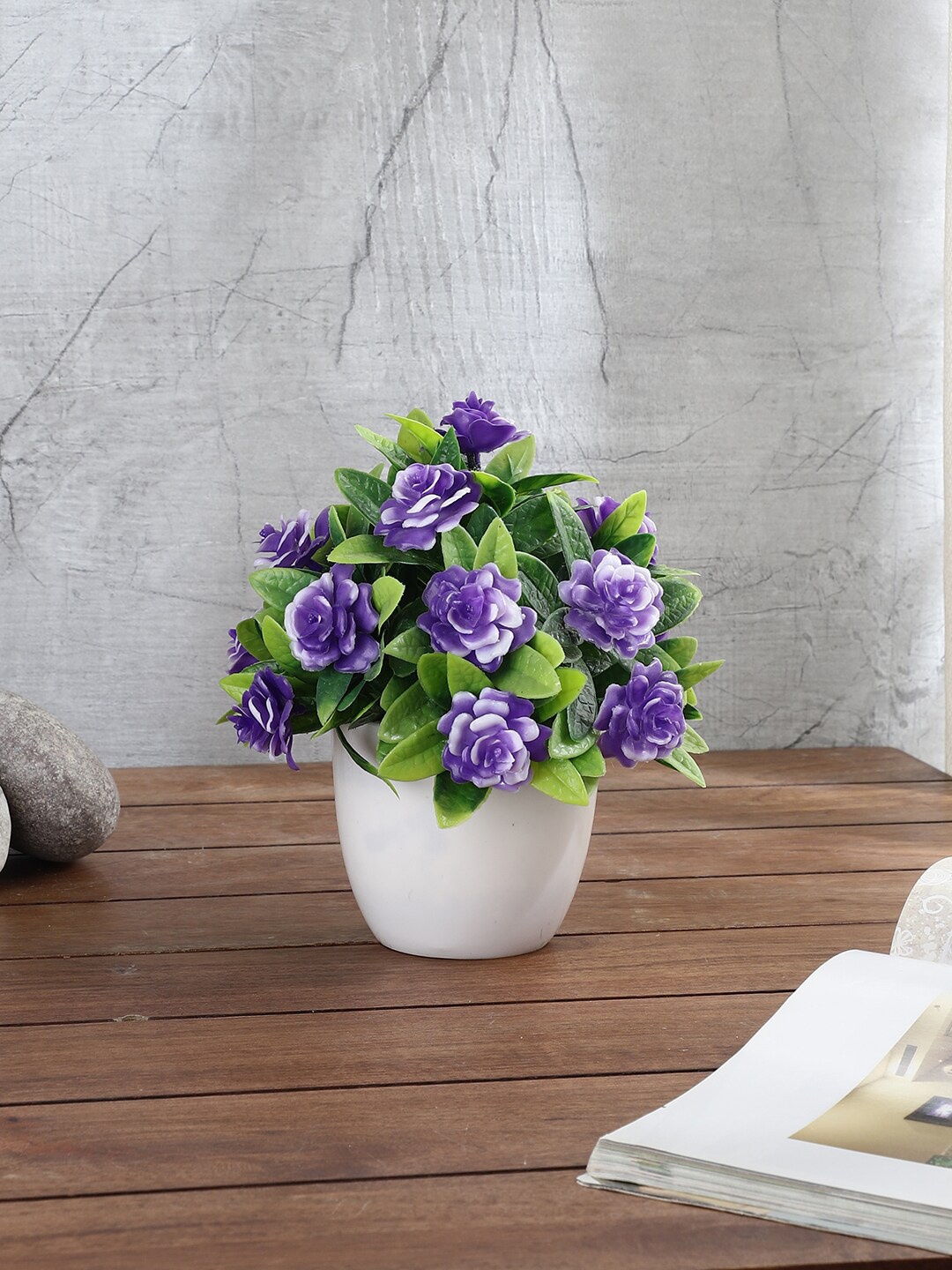 

FOLIYAJ Green & Purple Artificial Plant With Large Roses & Pot