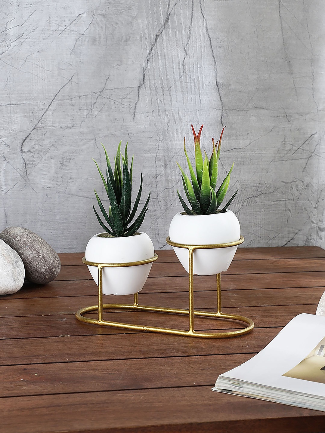 

FOLIYAJ Set Of 2 Green & White Artificial Cactus Plants With Metal Holder
