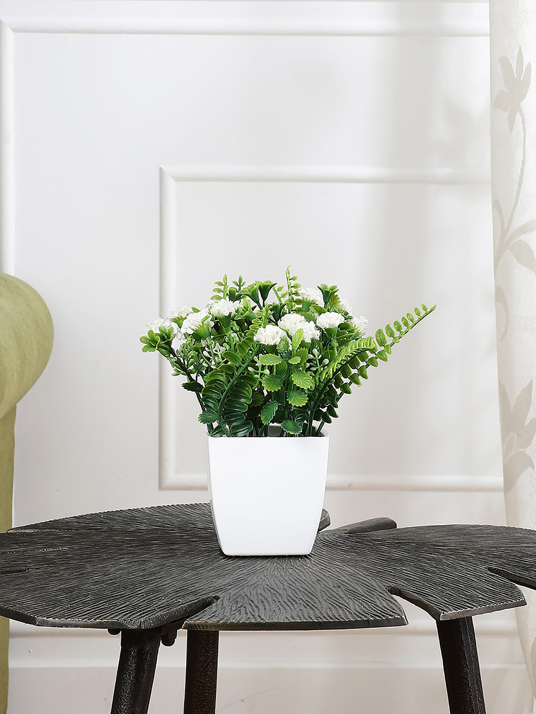 

FOLIYAJ Green & White Artificial Plant With Small White Flowers With Pot