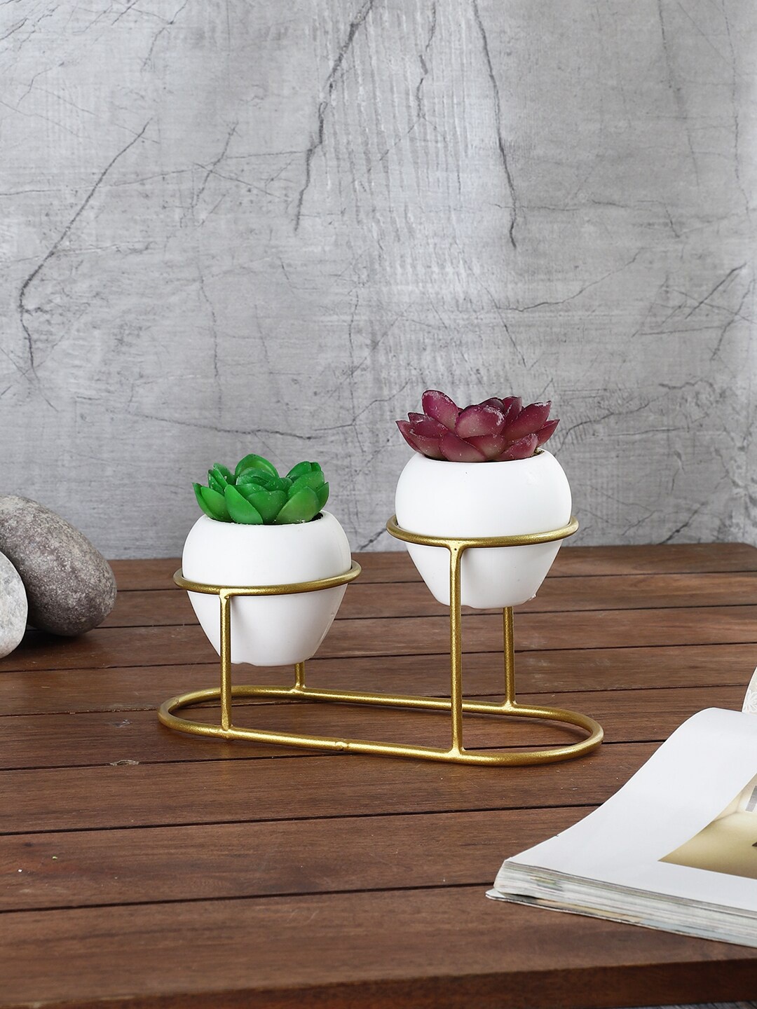 

FOLIYAJ Set Of 2 Green & Purple Artificial Cactus Plants with Metal Holder