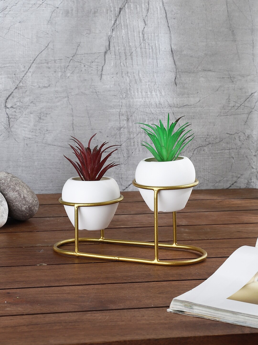 

FOLIYAJ Set Of 2 Artificial Cactus Plants With Metal Holder, Green