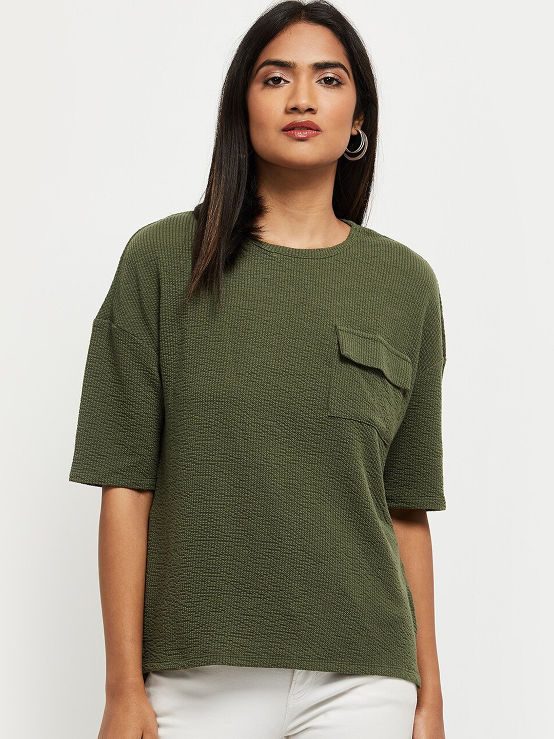 

max Women Olive Green Self Design Pockets T-shirt