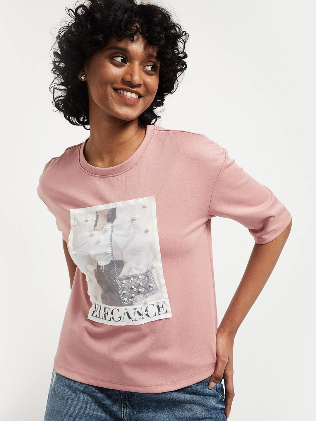 

max Women Pink & White Printed Embellished T-shirt