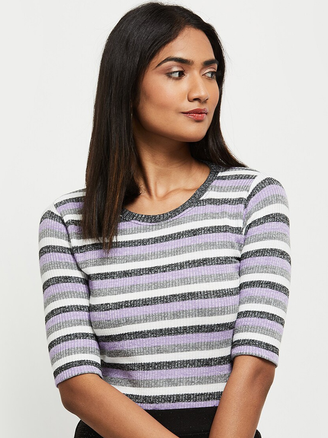 

max Women Purple & White Striped T-shirt