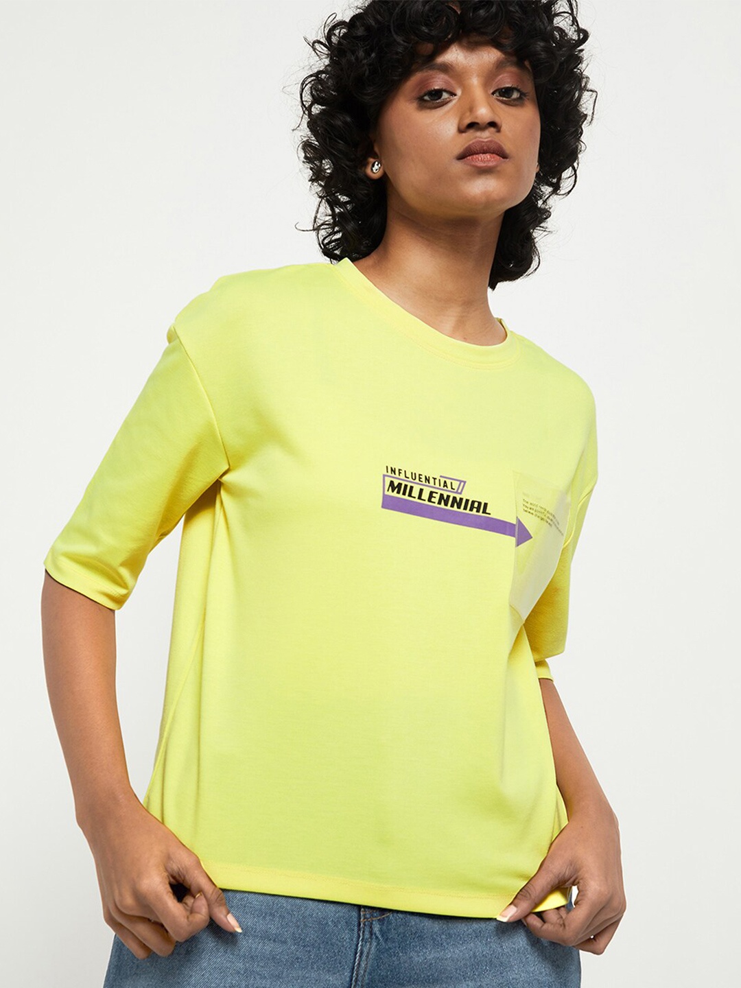 

max Women Lime Green & Black Typography Printed Pockets T-shirt