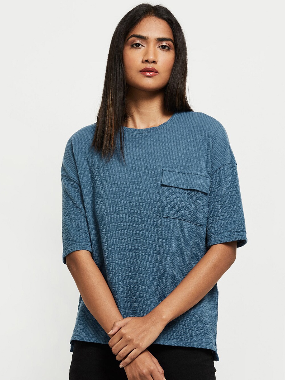 

max Women Blue Self Design Drop-Shoulder Sleeves Pockets T-shirt