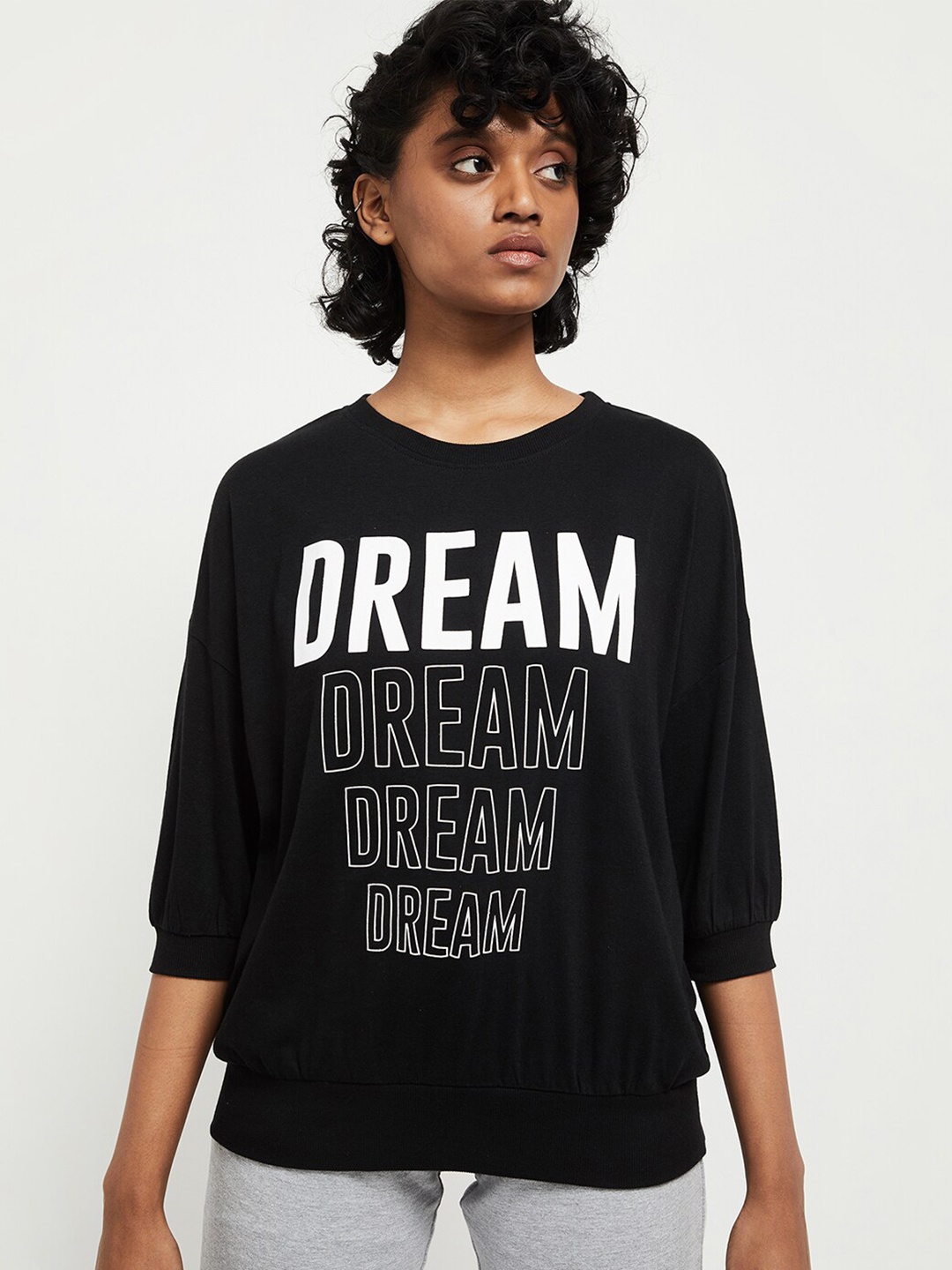 

max Women Black & White Typography Printed T-shirt