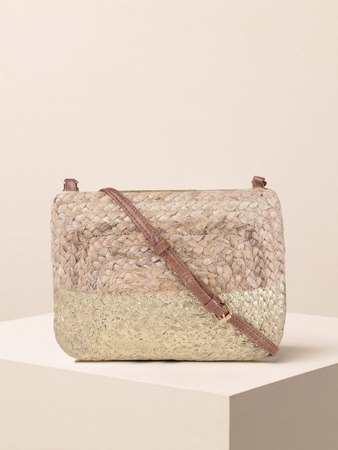 

Accessorize Gold-Toned & Beige Self Design Sling Bag